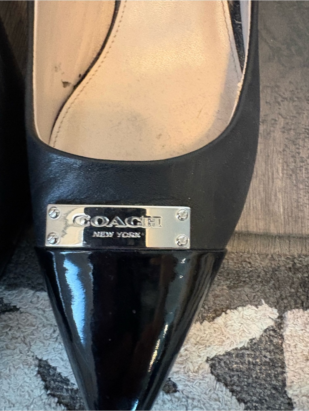 Coach Black Leather Pointed Toe Pumps with Patent Cap - Picture 2 of 7